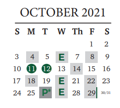 District School Academic Calendar for Cedar Park High School for October 2021