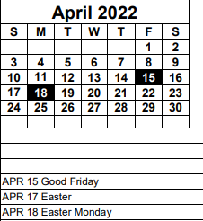 District School Academic Calendar for Advantage Academy Middle for April 2022
