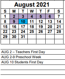 District School Academic Calendar for Lee County Superintendent's Office for August 2021