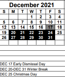 District School Academic Calendar for Trafalgar Middle School for December 2021