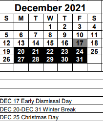 District School Academic Calendar for Gateway Charter School for December 2021