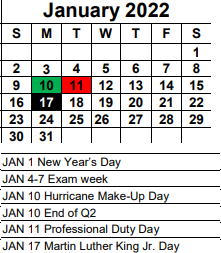 District School Academic Calendar for Lee Adolescent Mother's PROG. for January 2022