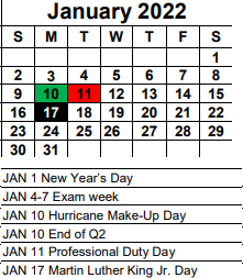 District School Academic Calendar for Trafalgar Elementary School for January 2022