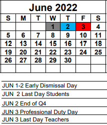 District School Academic Calendar for Tanglewood Riverside School for June 2022
