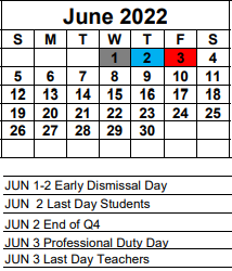 District School Academic Calendar for Sunshine Elementary School for June 2022