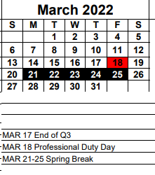 District School Academic Calendar for Southwest Florida Juvenile Det Center for March 2022