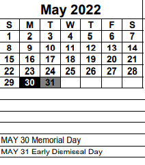 District School Academic Calendar for Dunbar Community School for May 2022