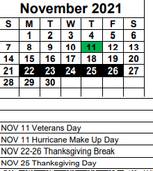 District School Academic Calendar for Three Oaks Elementary School for November 2021