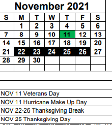 District School Academic Calendar for Gateway Elementary School for November 2021