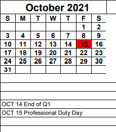 District School Academic Calendar for Lee County High Technical Center Central for October 2021