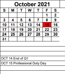 District School Academic Calendar for Allen Park Elementary School for October 2021