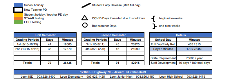 District School Academic Calendar Key for Leon Elementary