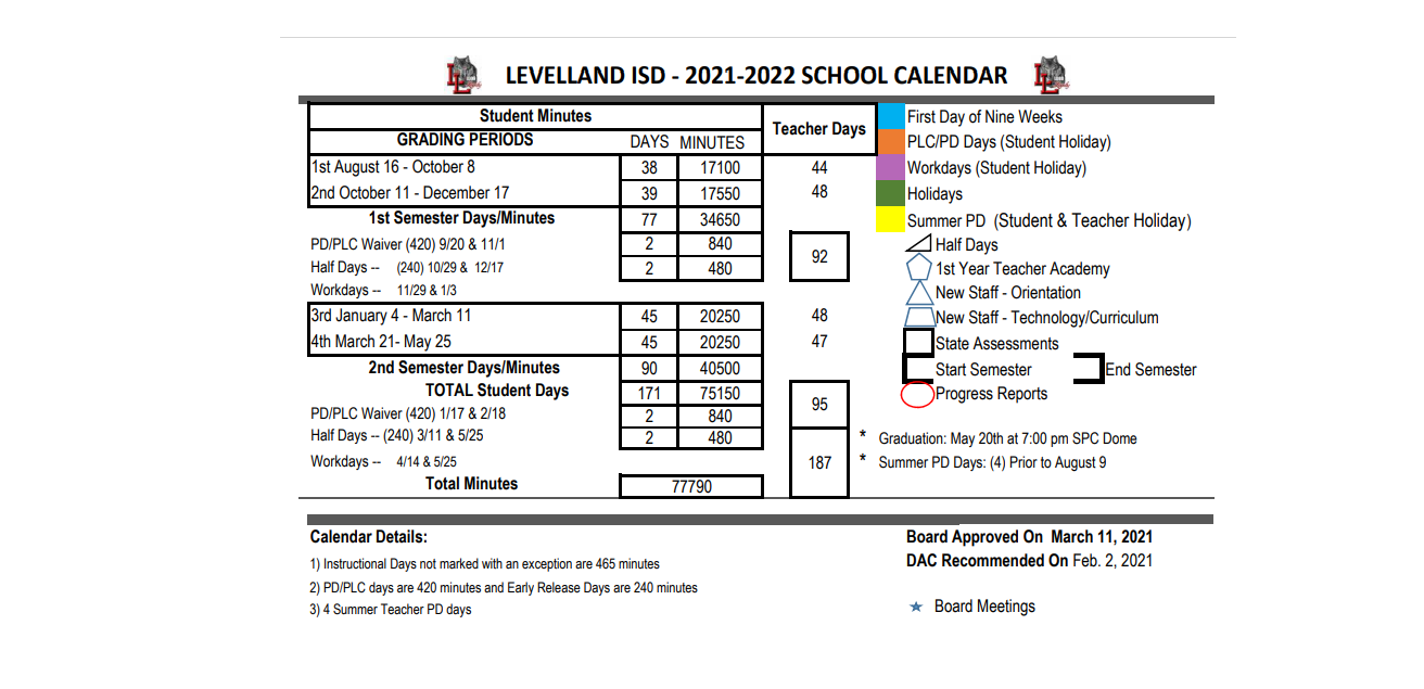 District School Academic Calendar Key for Levelland Middle