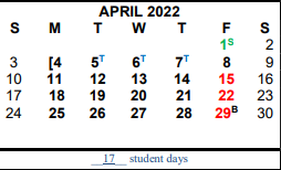 District School Academic Calendar for Hardin/chambers Ctr for April 2022