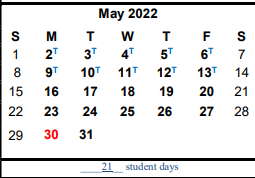 District School Academic Calendar for Hardin/chambers Ctr for May 2022