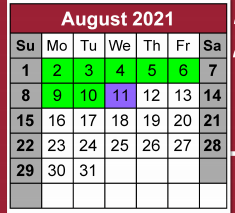 District School Academic Calendar for Bowie County Jjaep for August 2021