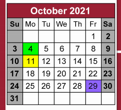 District School Academic Calendar for Juvenile Justice Detention Ctr for October 2021