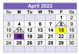 District School Academic Calendar for Williamson County Juvenile Detenti for April 2022