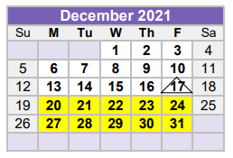 District School Academic Calendar for Williamson County Juvenile Detenti for December 2021