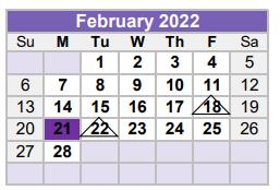 District School Academic Calendar for Williamson Co Academy for February 2022