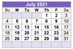 District School Academic Calendar for Williamson County Juvenile Detenti for July 2021
