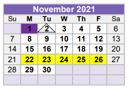 District School Academic Calendar for Williamson County Juvenile Detenti for November 2021