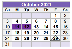 District School Academic Calendar for Williamson County Juvenile Detenti for October 2021