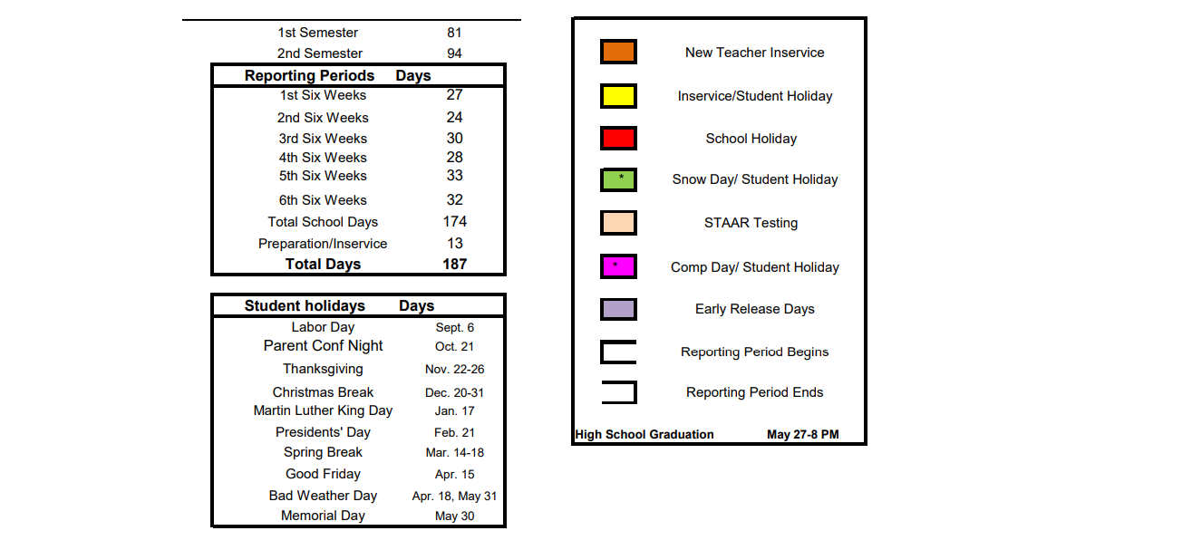 District School Academic Calendar Key for Early Childhood Center