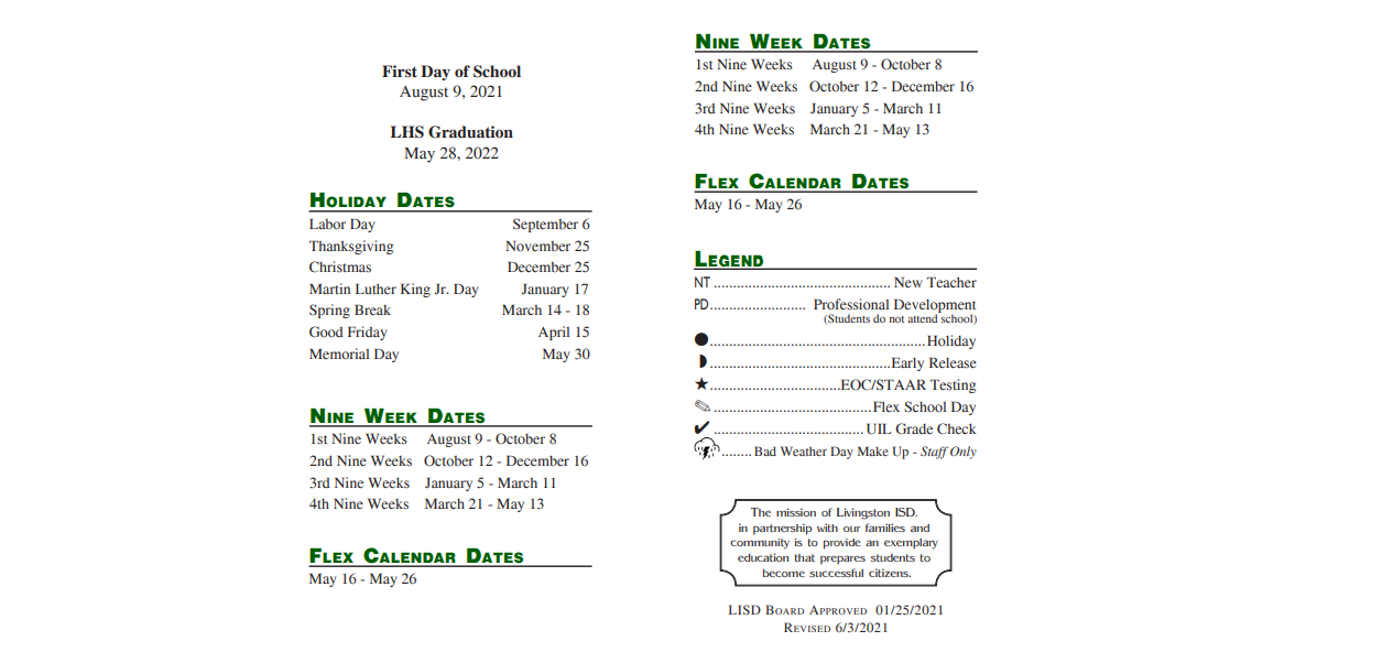 District School Academic Calendar Key for Livingston Int