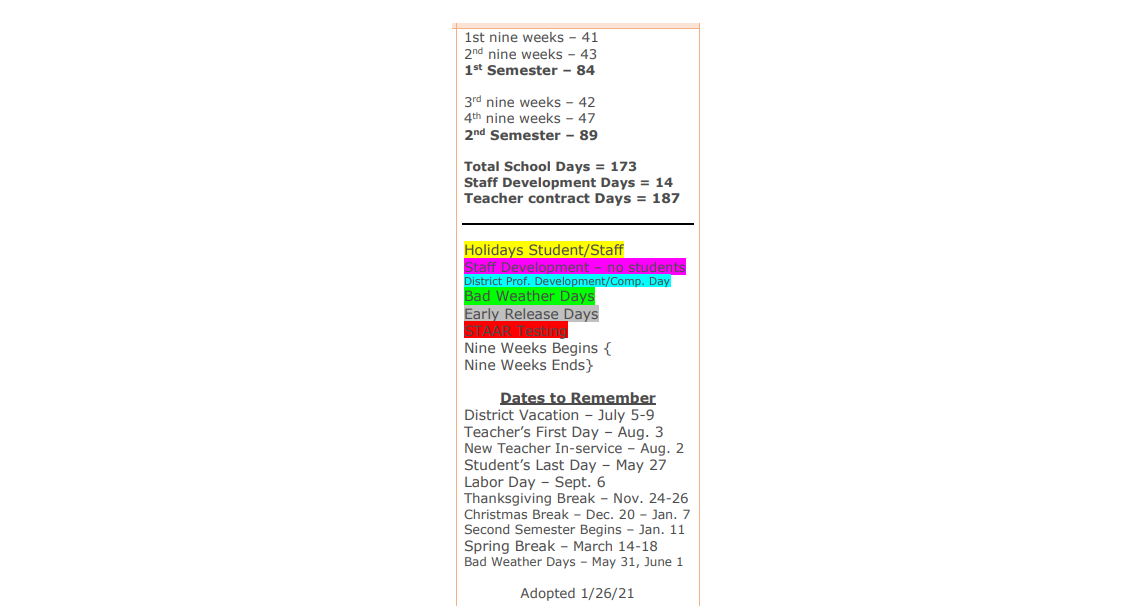 District School Academic Calendar Key for Packsaddle Elementary