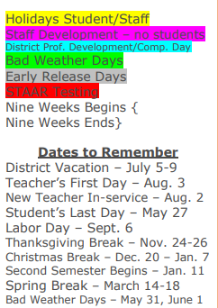 District School Academic Calendar Legend for Packsaddle Elementary