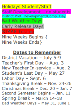 District School Academic Calendar Legend for Llano Junior High