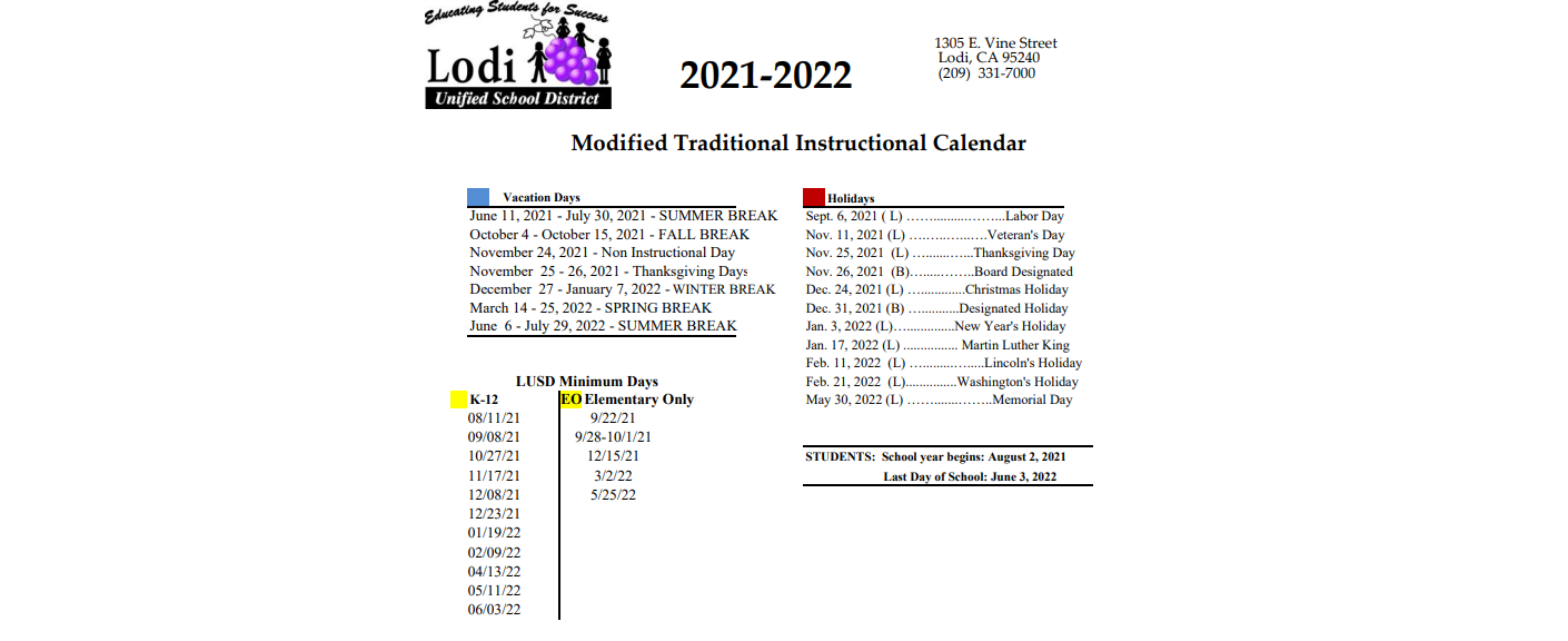 District School Academic Calendar Key for Lodi Middle