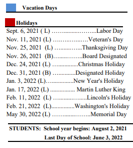 District School Academic Calendar Legend for Lodi Middle