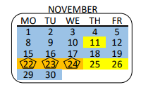 District School Academic Calendar for Whitman Continuation for November 2021