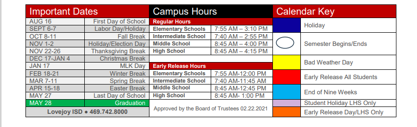 District School Academic Calendar Key for Lovejoy M S