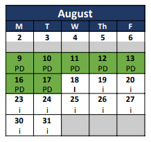 District School Academic Calendar for Project Intercept School for August 2021