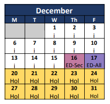 District School Academic Calendar for Wright Elementary for December 2021