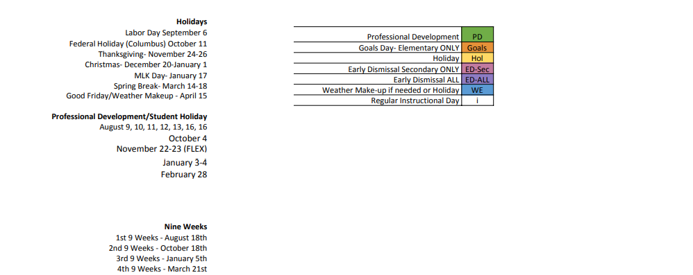 District School Academic Calendar Key for Whiteside Elementary