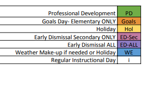 District School Academic Calendar Legend for Whiteside Elementary