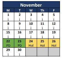 District School Academic Calendar for Bowie Elementary for November 2021