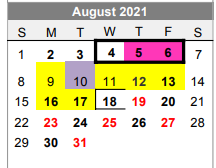 District School Academic Calendar for Lubbock-cooper Junior High School for August 2021