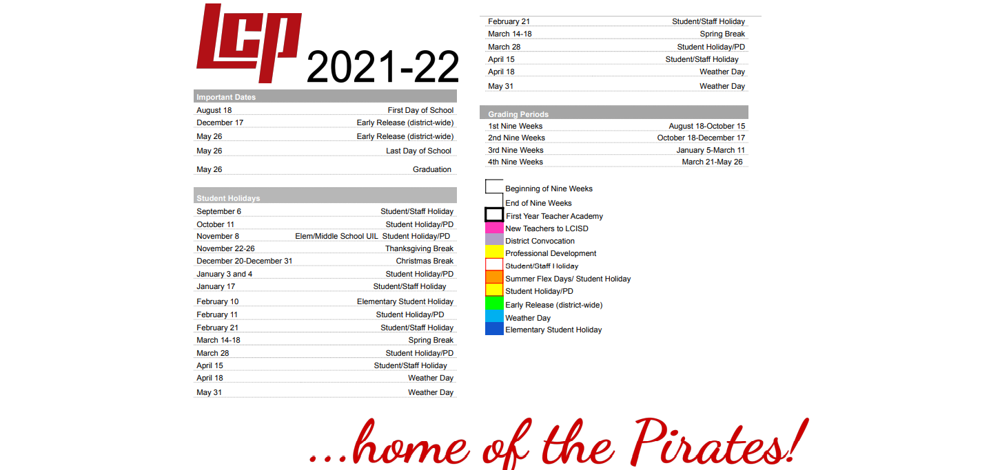 District School Academic Calendar Key for Lubbock-cooper Junior High School