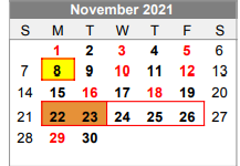 District School Academic Calendar for Lubbock-cooper South Elementary Sc for November 2021