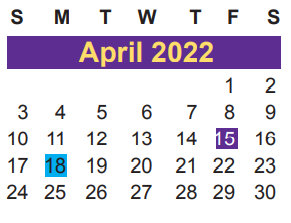 District School Academic Calendar for Juvenile Detent Ctr for April 2022
