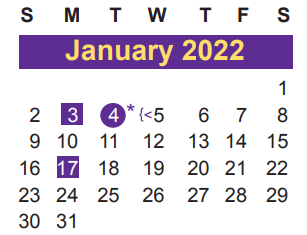District School Academic Calendar for Juvenile Detent Ctr for January 2022