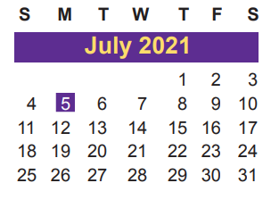 District School Academic Calendar for Juvenile Detent Ctr for July 2021
