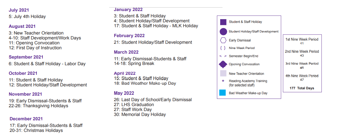 District School Academic Calendar Key for Kurth Primary