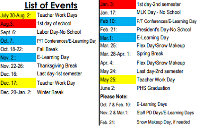 District School Academic Calendar Legend for Central Elementary School