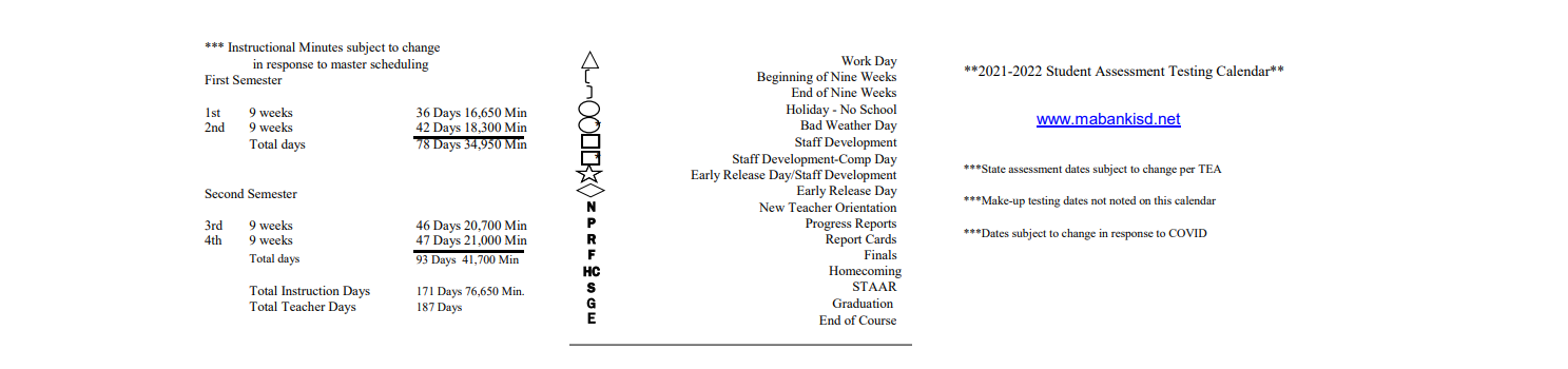 District School Academic Calendar Key for Mabank Alpha